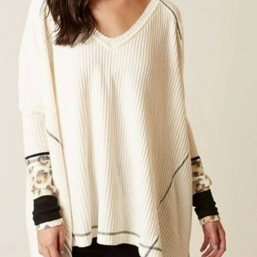 We the Free Cream Waffle Pattern Leopard Top